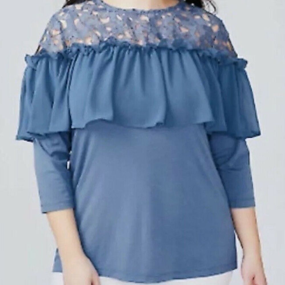 Lane Bryant blue crochet sheer lace ruffle blouse